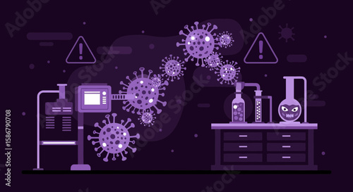 Laboratory Experiment With Virus Particles In A Dark Environment Flat Illustration