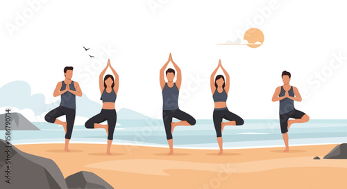 Mindful Group Engaged In Tree Pose Asana Practice During Yoga Retreat At Beach