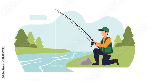 Leisurely Fishing Activity By The River In A Serene And Peaceful Landscape