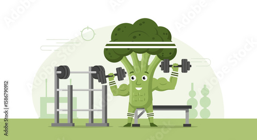 Strong Broccoli Exercising With Dumbbells In A Gym Fitness Cartoon