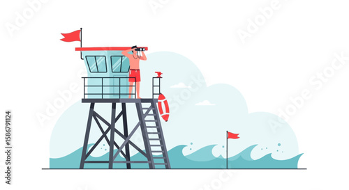 Lifeguard In Tower Scanning Ocean With Binoculars For Swimmers Safety
