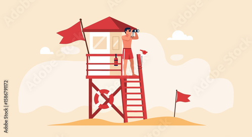 Lifeguard Observant On Watchtower At Seaside Coastline With Binoculars
