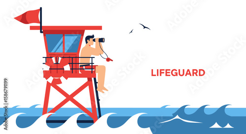 Lifeguard On Duty Observing The Seascape From His High Tower For Safety