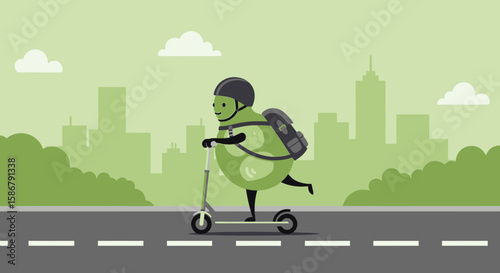Lime Character Commuting On Scooter Through Urban Landscape For Eco Friendly Transportation