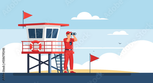 Lifeguard Vigilance Beach Safety Protecting Swimmers And Rescuers Vector Graphic