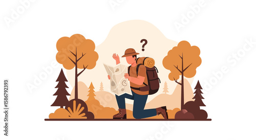 Lost Hiker Trying To Navigate With A Map In Natural Scenery