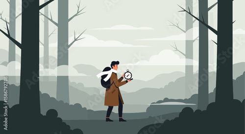 Lost In Time Wanderer Finds Direction With Compass In Misty Forest Illustration