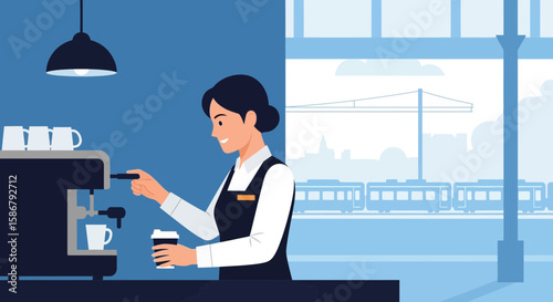 Modern Illustration Of Barista Making Coffee At Train Station Cafe