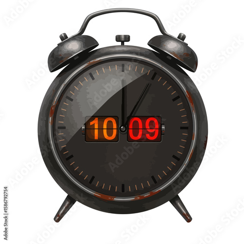 Retro Flip Clock Displaying 10:09 Rusted Metal Isolated on White.