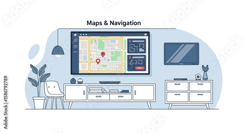 Modern Living Room Displaying Navigation Application On Television Screen