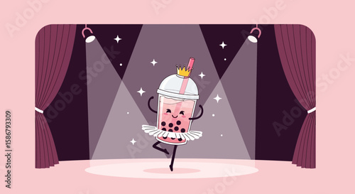 Lovely Bubble Tea Character Performing Gracefully On Stage With Crown And Tutu