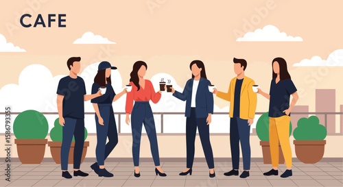 Modern People Enjoying Coffee Break At The Cafe On Balcony With City View