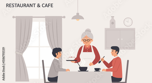 Loving Grandmother Serving Meal for Grandchildren At Home Illustration