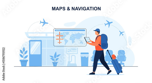 Modern Traveler Planning a Global Trip With Digital Map Inside an Airport