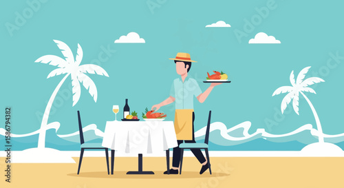 Luxury Beachfront Dining Experience With Attentive Waiter Service Illustration