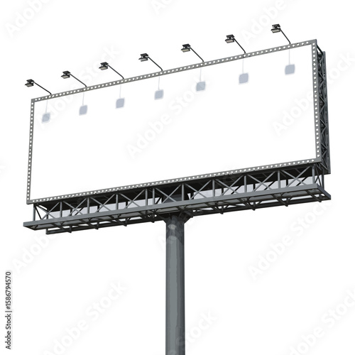 Isolated Billboard with Lights and Steel Structure on White Background.