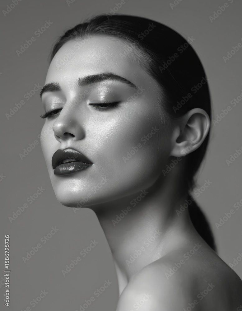 Fototapeta premium Black, white fashion portrait shows woman with glossy lips, perfected hair. Her makeup is luxurious, highlighting her clean skin. Sensual, elegant, she embodies modern glamour with dramatic look.