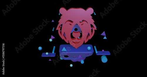 Red bear head icon on a pedestal of abstract geometric shapes floating in the air. Abstract concept art with flying shapes in the center. 3d illustration on black background