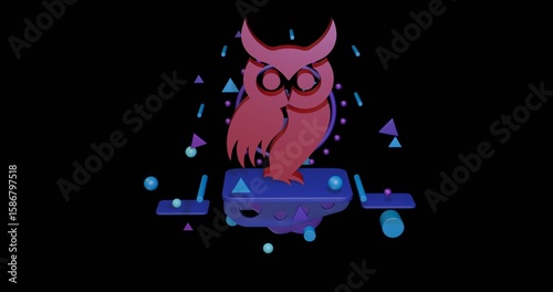 Red owl symbol on a pedestal of abstract geometric shapes floating in the air. Abstract concept art with flying shapes in the center. 3d illustration on black background