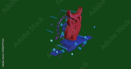 Red owl symbol on a pedestal of abstract geometric shapes floating in the air. Abstract concept art with flying shapes in the center. 3d illustration on green background