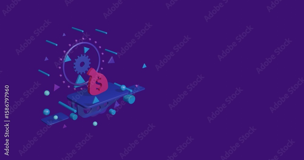 Pink bag of money symbol on a pedestal of abstract geometric shapes floating in the air. Abstract concept art with flying shapes on the left. 3d illustration on deep purple background