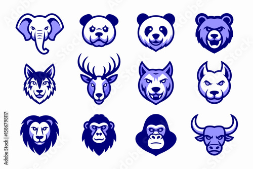 A collection of twelve stylized animal head icons in shades of blue, including an elephant, panda, bear, wolf, deer, lion, gorilla, and bull.