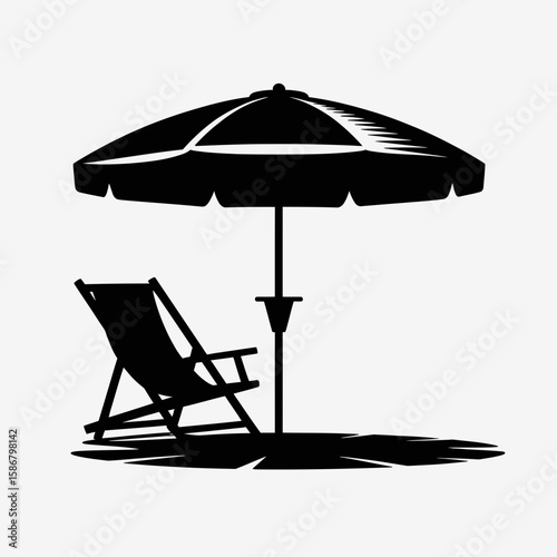 Silhouette of a beach chair under a large umbrella, casting a shadow on a light background, evoking relaxation and vacation.
