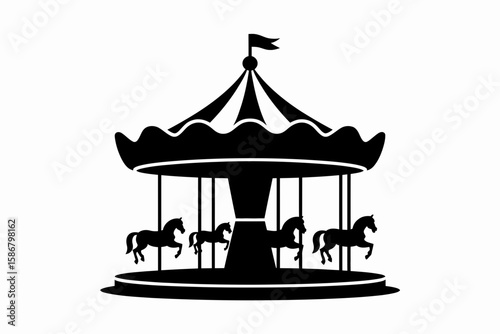Black silhouette of a carousel with horses, featuring a striped canopy and a small flag on top, against a white background.
