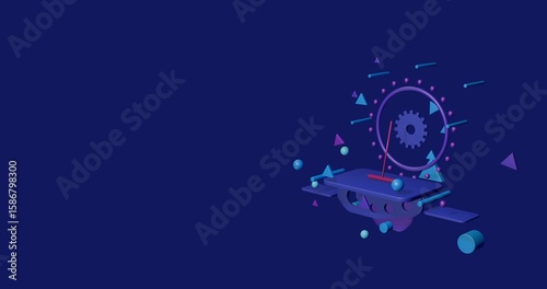Pink rake symbol on a pedestal of abstract geometric shapes floating in the air. Abstract concept art with flying shapes on the right. 3d illustration on indigo background
