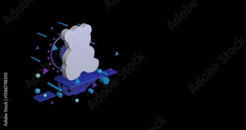 White teddy bear symbol on a pedestal of abstract geometric shapes floating in the air. Abstract concept art with flying shapes on the left. 3d illustration on black background
