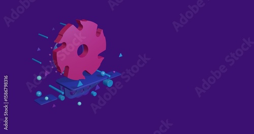 Pink milling disc symbol on a pedestal of abstract geometric shapes floating in the air. Abstract concept art with flying shapes on the left. 3d illustration on deep purple background