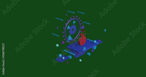 Red fire symbol on a pedestal of abstract geometric shapes floating in the air. Abstract concept art with flying shapes in the center. 3d illustration on green background