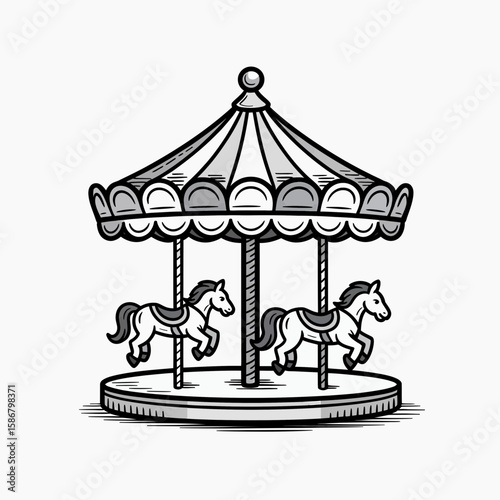 A grayscale illustration of a vintage carousel with two horses, featuring a striped canopy and circular platform.