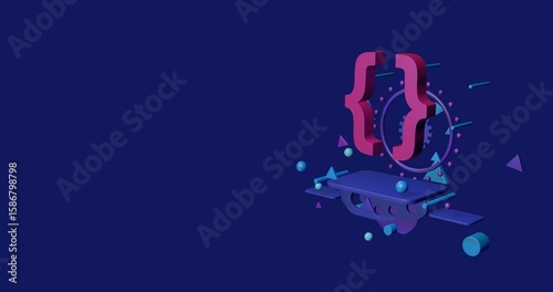 Pink curly brackets symbol on a pedestal of abstract geometric shapes floating in the air. Abstract concept art with flying shapes on the right. 3d illustration on indigo background