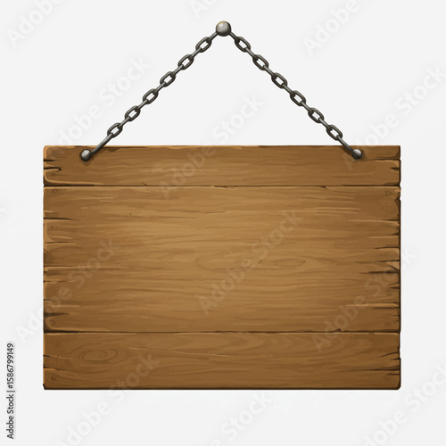 Rustic Wooden Sign Hanging by Chains Isolated on White Background.