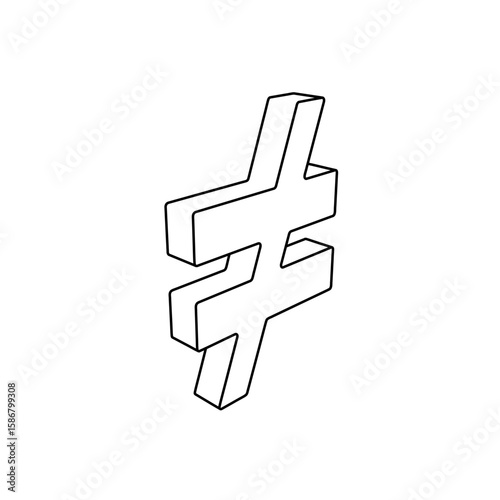 The outline of a large not equal symbol is made with black lines. 3D view of the object in perspective. Vector illustration on white background