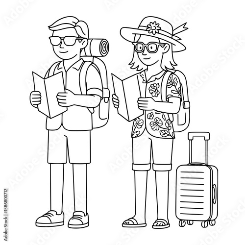 Cartoon traveler couple with backpacks and in outline style