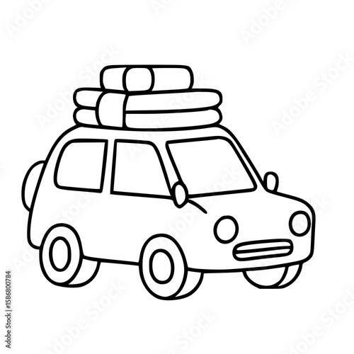 Cartoon travel car with luggage on roof, isolated outline drawing