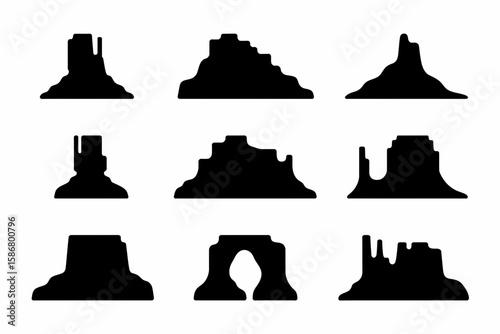 A collection of nine different black silhouette illustrations of desert mesas and rock formations against a white background.