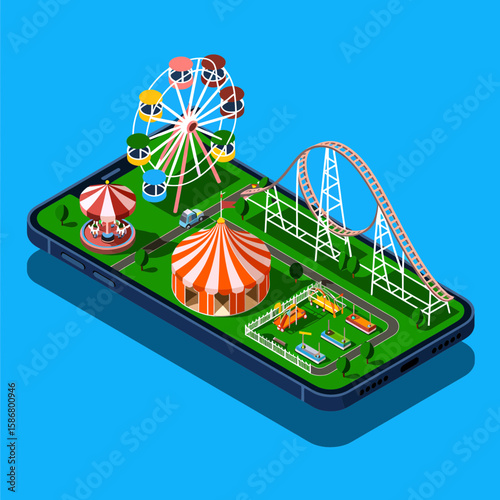 Isometric illustration of an amusement park with a Ferris wheel, roller coaster, carousel, and circus tent displayed on a smartphone screen.
