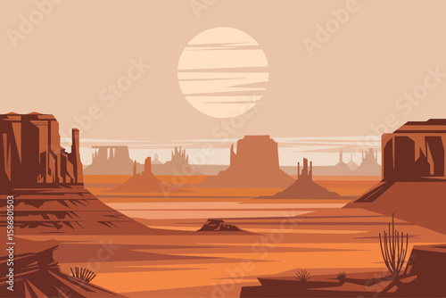A stylized, flat-design illustration of a desert landscape featuring iconic sandstone buttes under a large, pale sun in a warm, muted color palette.