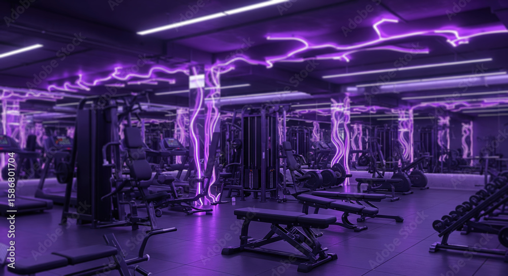 Obraz premium Futuristic gym interior with modern equipment illuminated by vibrant purple neon energy lightning