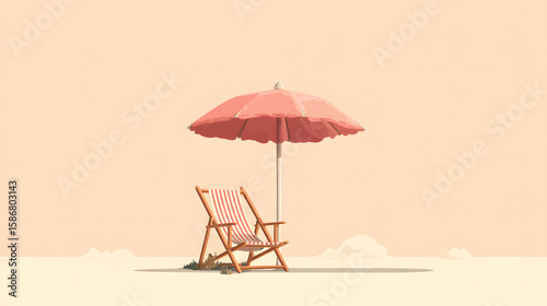 A minimalist illustration of a beach umbrella and chair