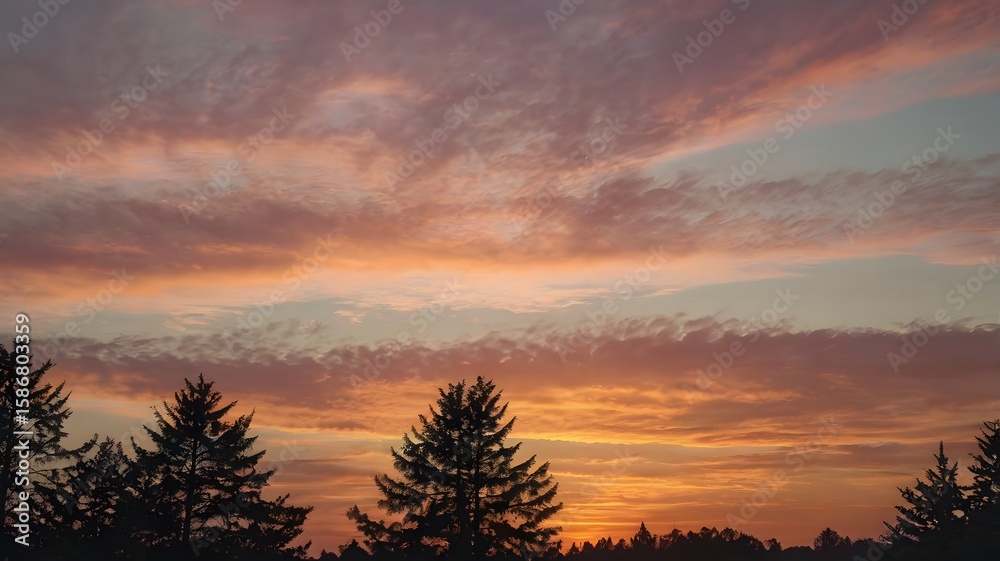 Obraz premium Soft pastel-colored sunset over a horizon line with silhouette of treetops — calming and warm 2