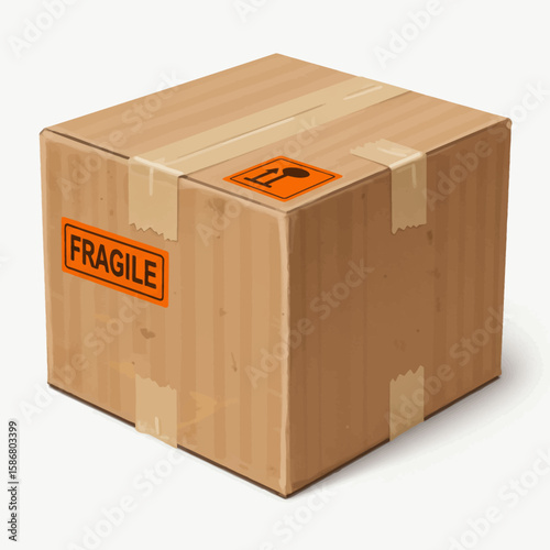 Cardboard Box with Fragile Label and Shipping Tape Isolated on White.