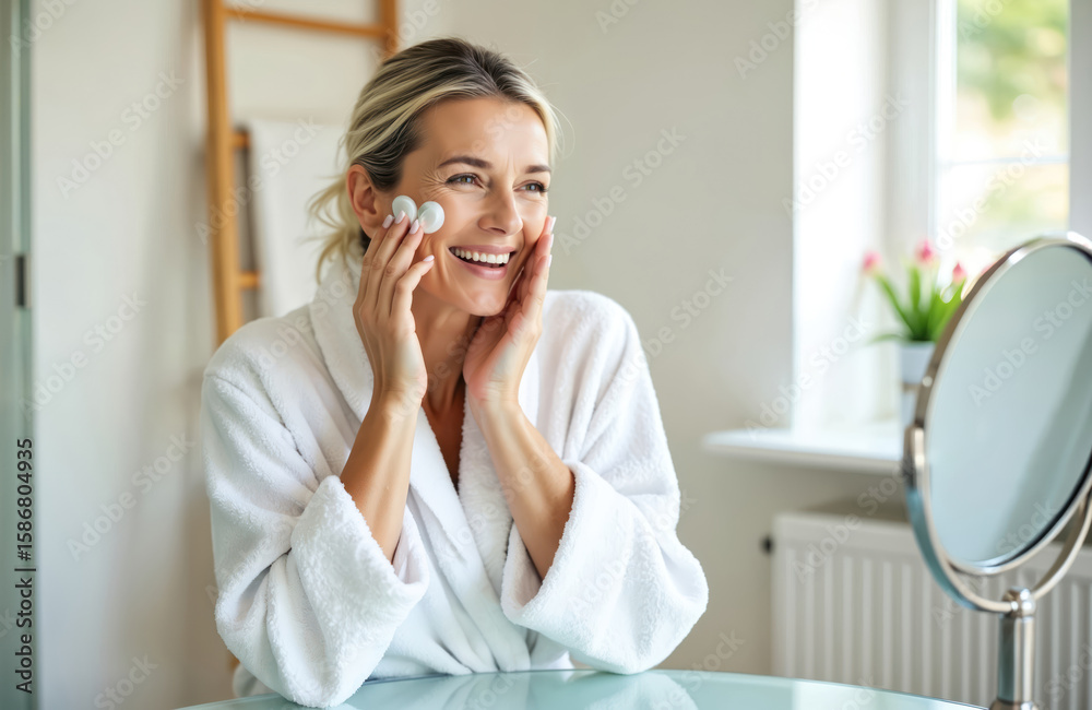 Happy middle-aged woman in bathrobe applies hydrating face cream. Blond lady enjoys skincare routine in bathroom. Soft silky skin, facial wellness, beauty care. Sensual relaxation, luxurious home spa. Happy middle-aged woman in bathrobe applies hydrating face cream. Blond lady enjoys skincare routine in bathroom. Soft silky skin, facial wellness, beauty care. Sensual relaxation, luxurious home spa.