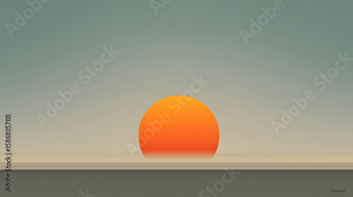 
A stylized sun rising over a flat horizon line, clean vector design with muted tones