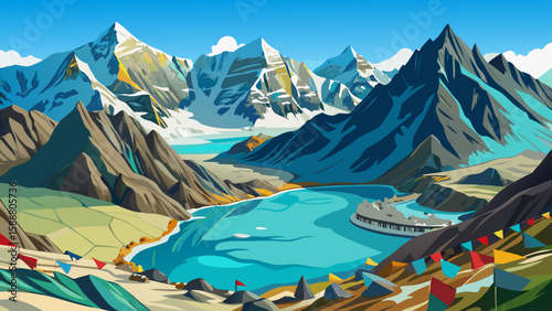Gokyo Lakes, Solukhumbu District, Nepal – Turquoise glacial lakes reflect the snow-covered Himalayas. Rugged trails and prayer flags flutter near icy edges, giving a spiritual and untouched vector app