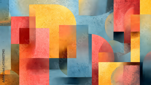 Abstract shapes in summer colors--sun yellow, sky blue, and coral red