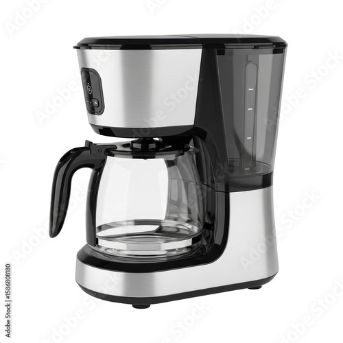 A sleek, modern drip coffee maker with a silver and black finish and a glass carafe, perfect for brewing fresh coffee in any kitchen.